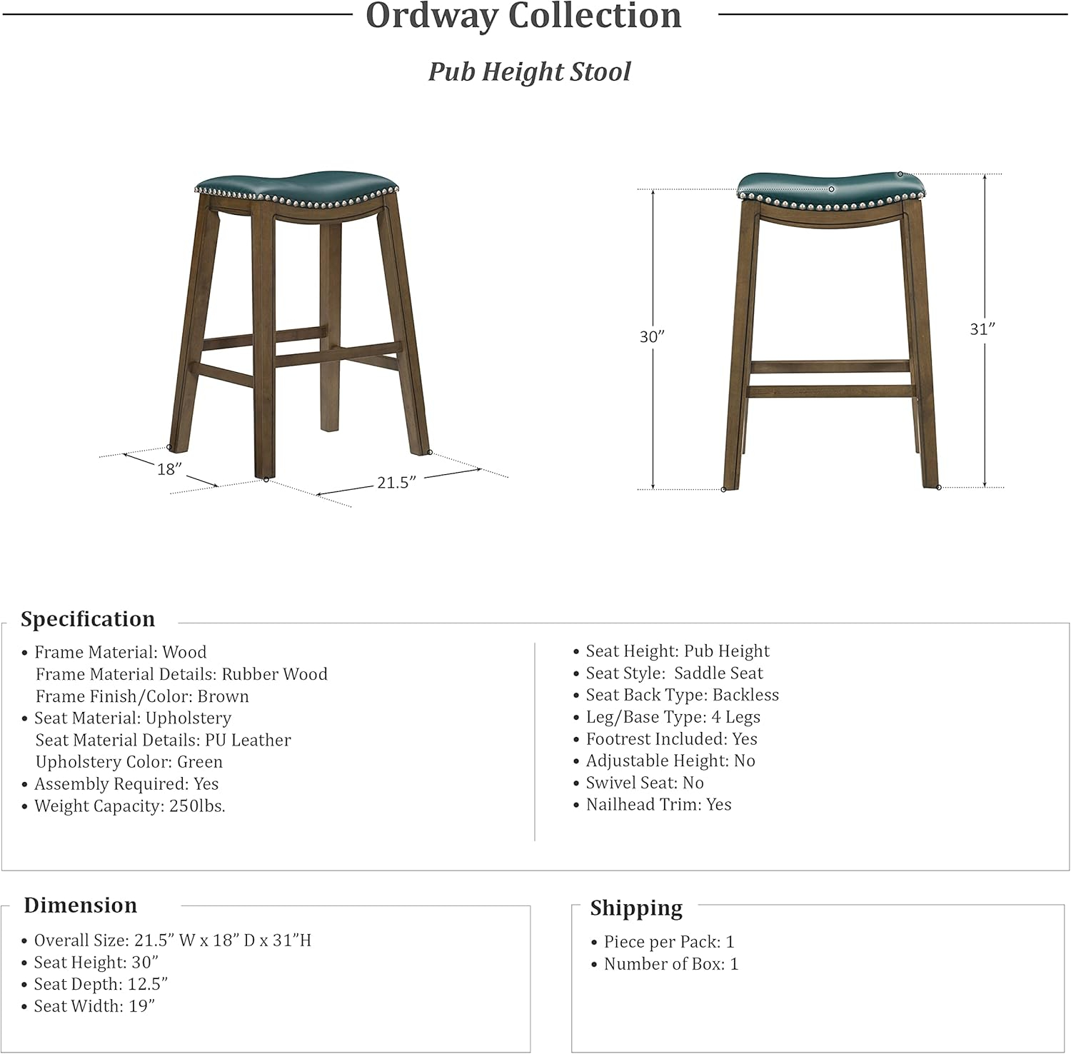Homelegance 29" Pub Height Wooden Bar Stool Saddle Seat Barstool, Green Brown