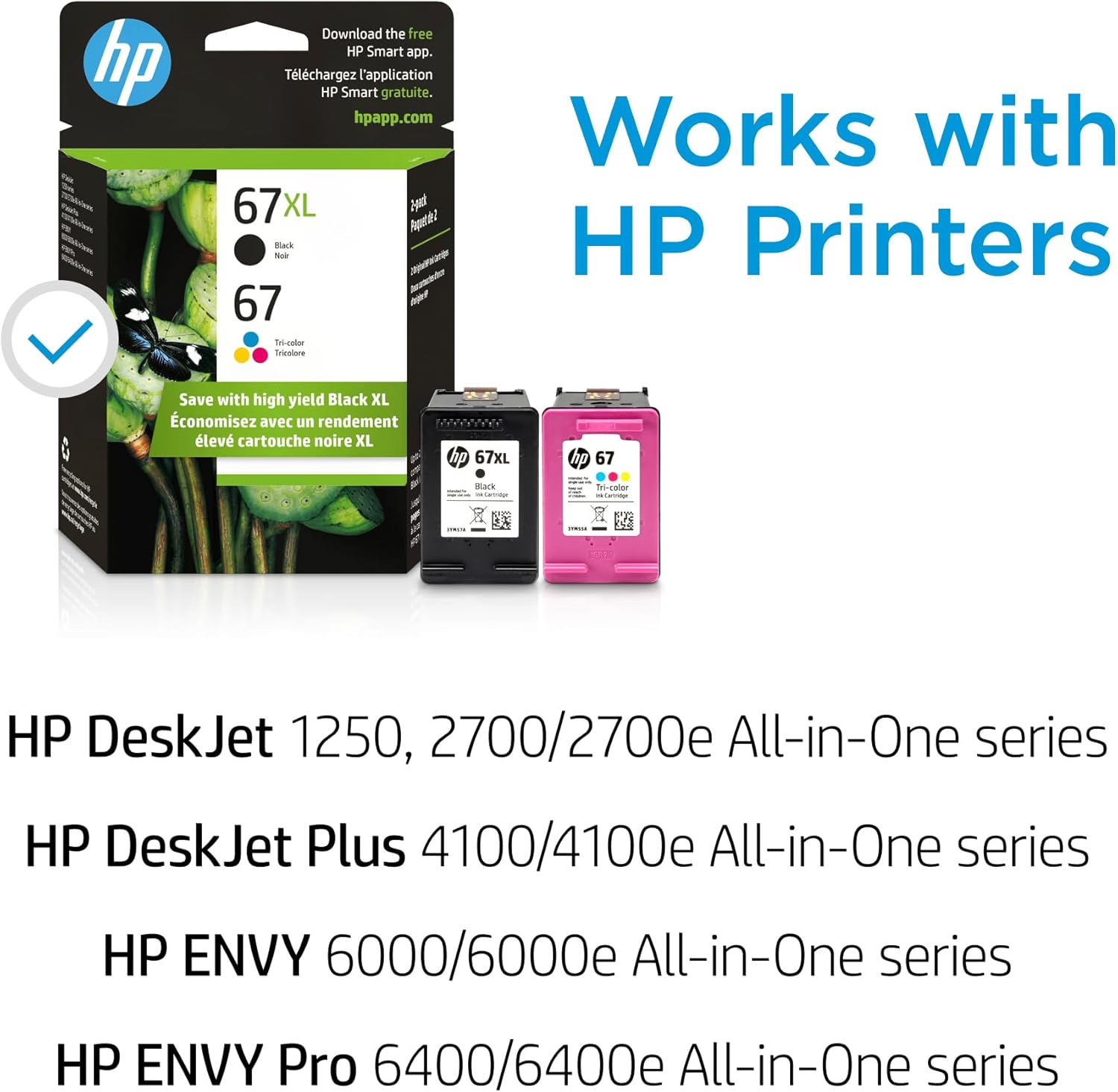 HP 67 Tri-Color Ink Cartridges High/Standard Yield 2 Per Pack, 67XL Black, Cyan, Magenta, Yellow