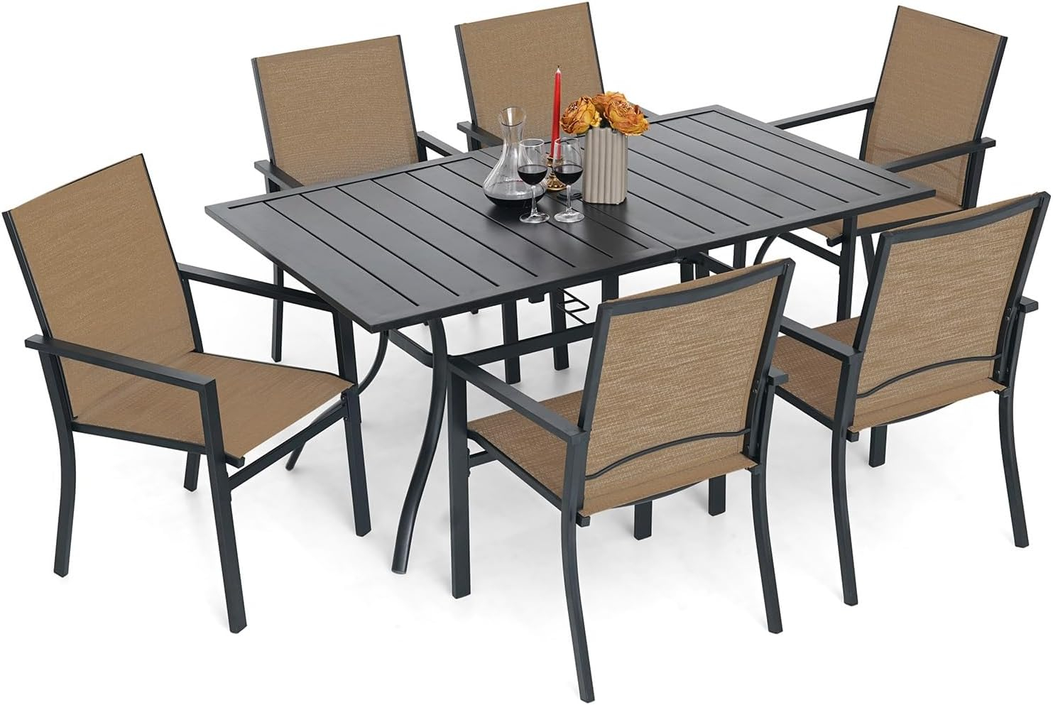 Homall Patio Dining Set 7 Pieces Outdoor Furniture with Large Table and 6 Textilene Chairs for Porch, Brown