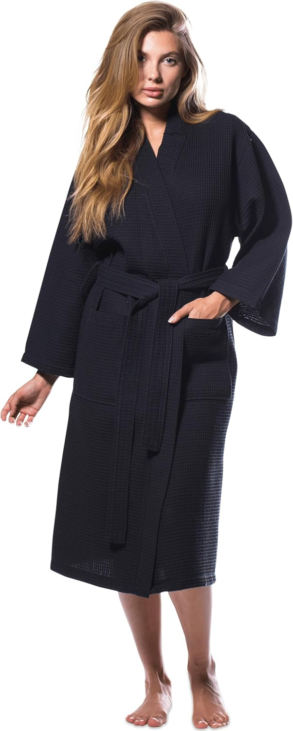 Turquaz Linen Lightweight Long Waffle Kimono Unisex Spa Robe (One Size, Black)