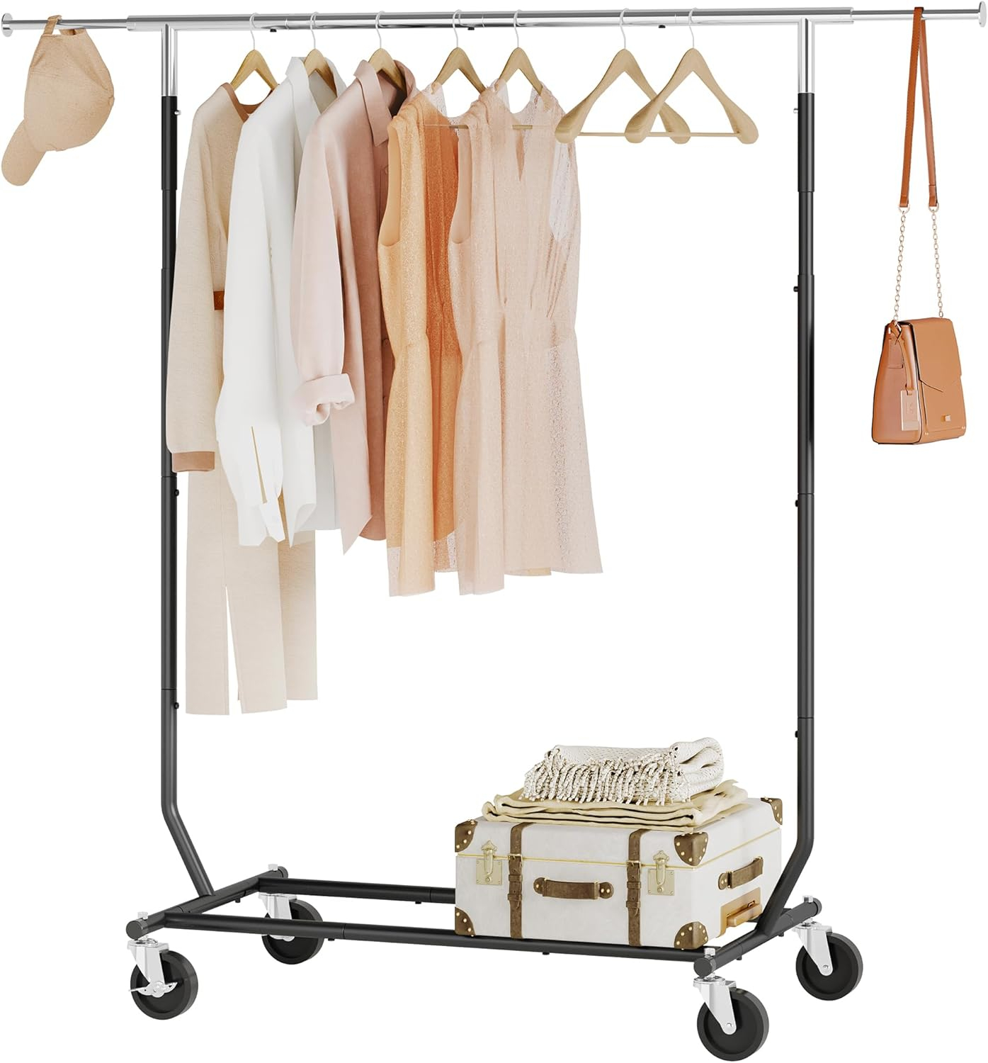Clothes Rack Heavy Duty Rolling Garment Rack with Wheels and Extendable Double Rods, Collapsible Clothing Racks For Hanging Clothes, Adjustable Commercial Clothes Rack with Shelf, Black&Chrome