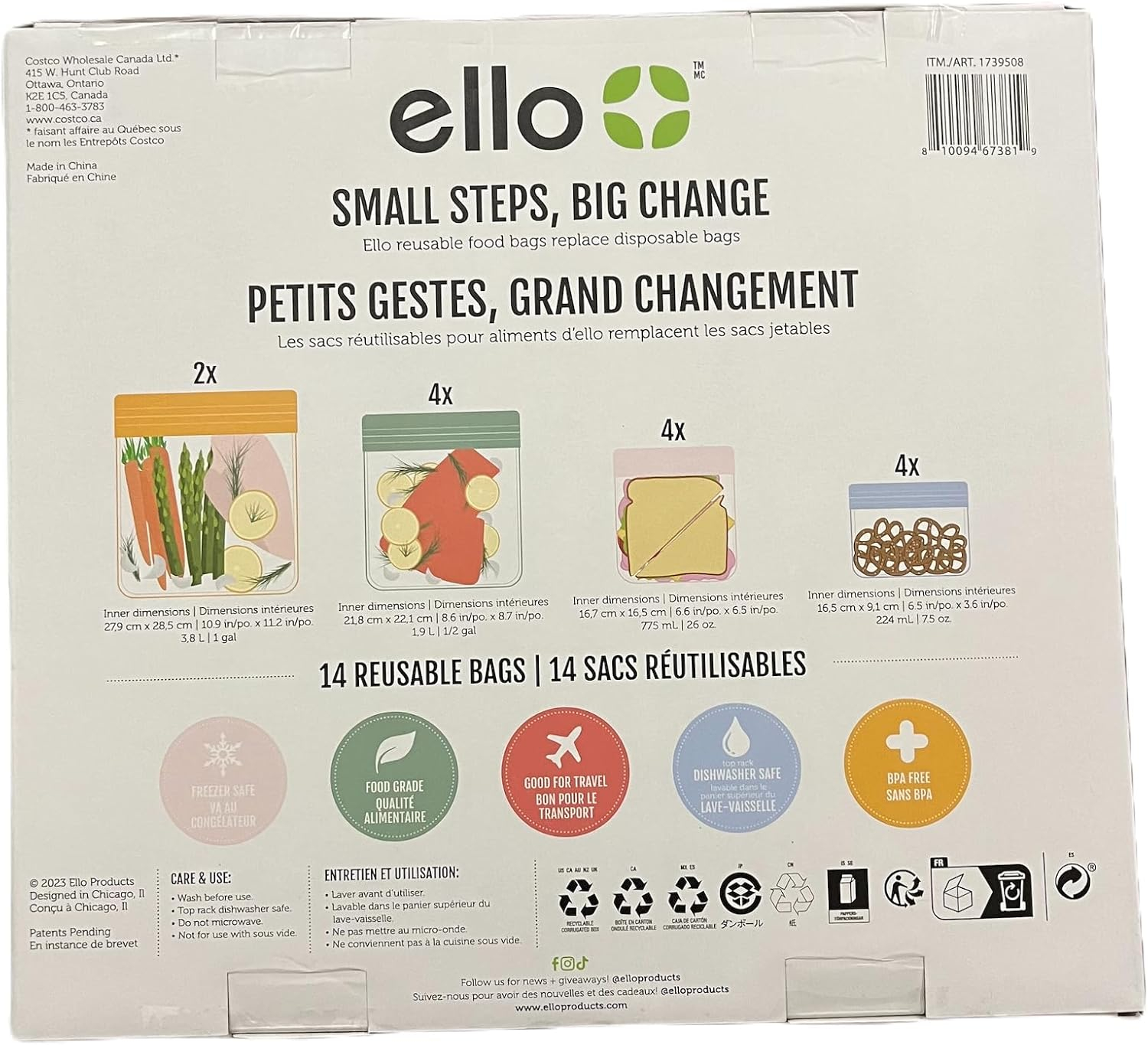 Ello 14 Reusable Produce Bags, Assorted Sizes (Snack, Sandwich, Half Gallon), Zipper Closure, PEVA Material, Multicolored, Leak Resistant, Dishwasher Safe