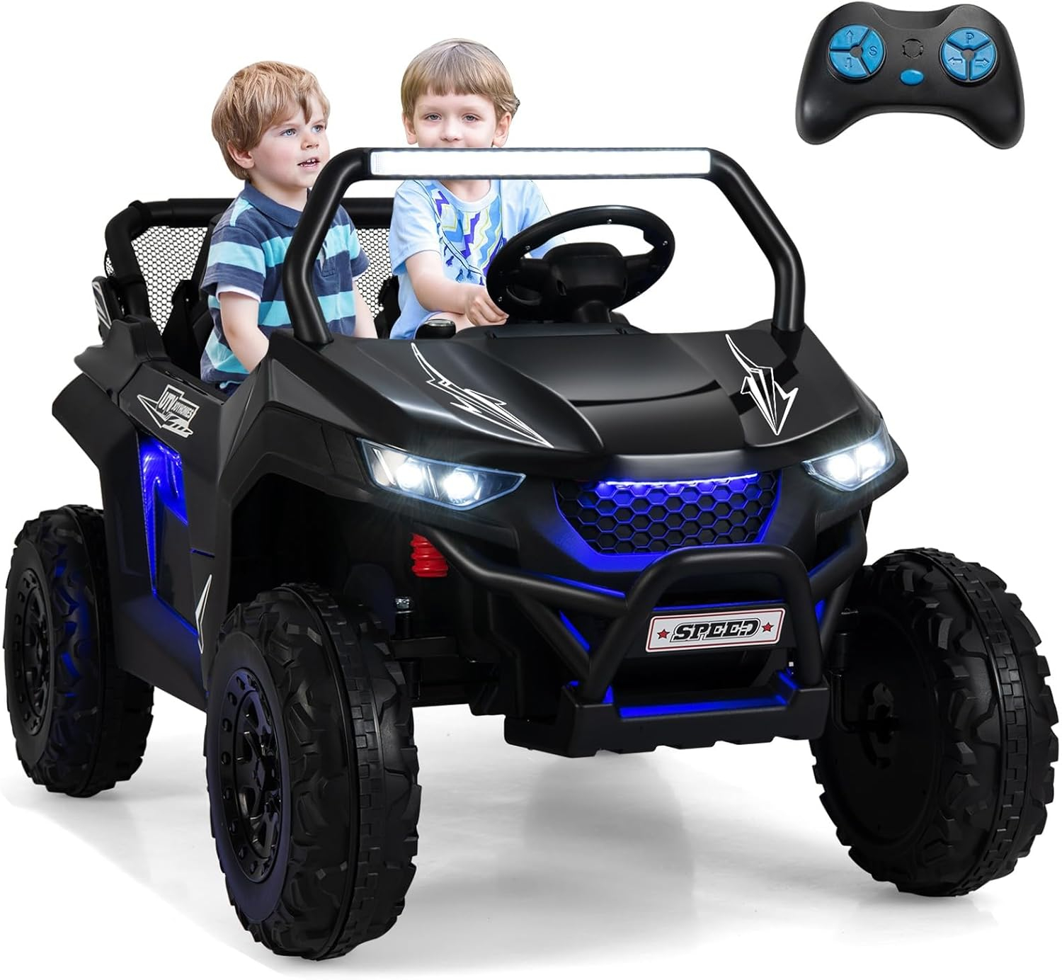 OLAKIDS 2 Seater Kids Ride On UTV, 12V Electric Truck Car with Remote Control, Children Battery Powered Vehicle with Music, 4 Wheels Suspension, Bluetooth, MP3, USB, FM, Horn (Dark)