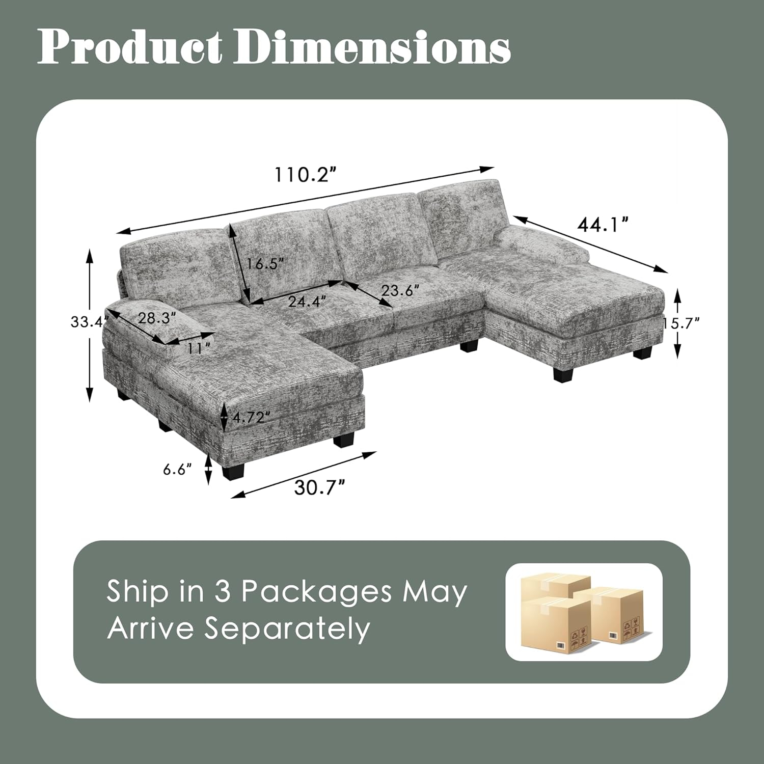Furniwell Convertible Sectional Sofa Couch, 4 Seat Sofa Set for Living Room U-Shaped Modern Fabric Modular Sofa Sleeper with Double Chaise & Memory Foam (Fabric, Grey)