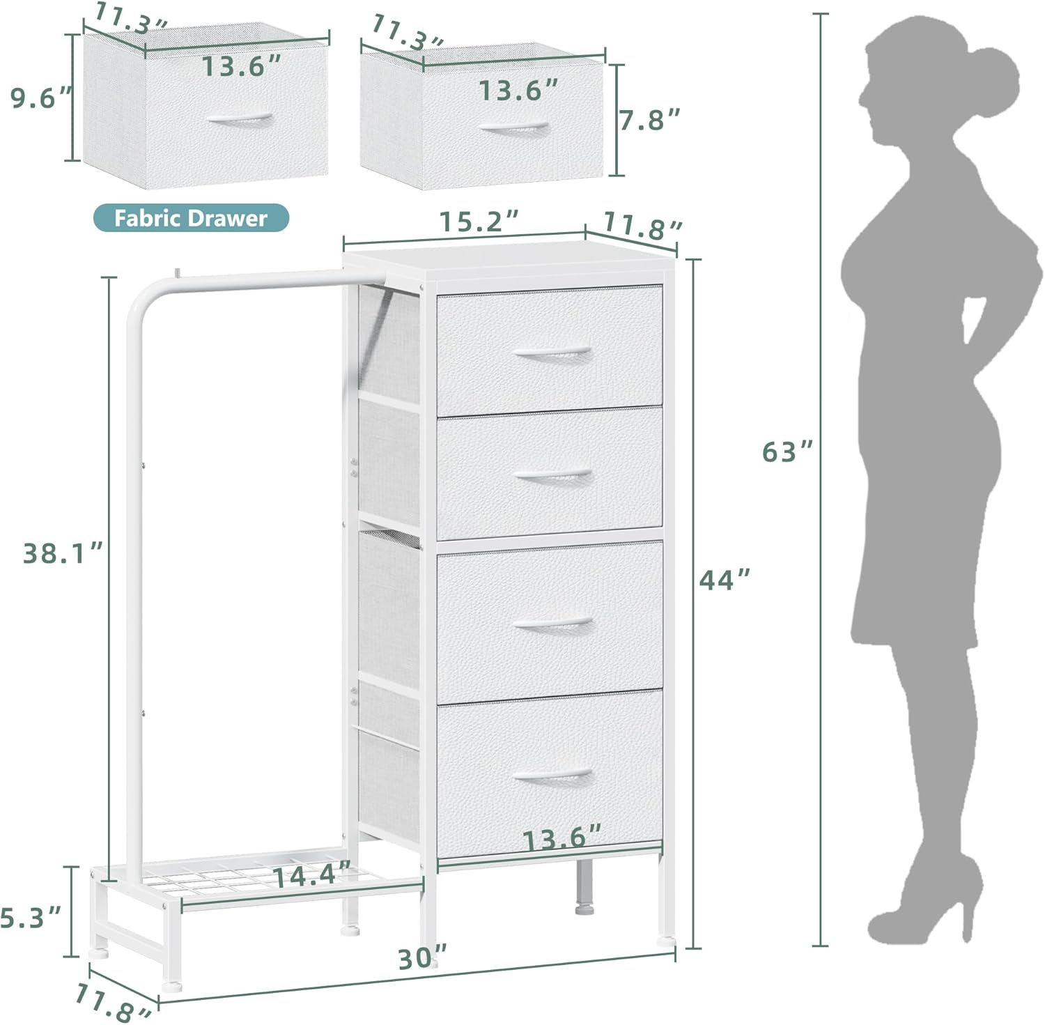 Dresser with Hanging Rack, 4 Drawers Small Closet for Bedroom, Reversible Fabric Chest of Drawers with Clothes Rack, Tall Storage Tower, Sturdy Frame, White, 44''H