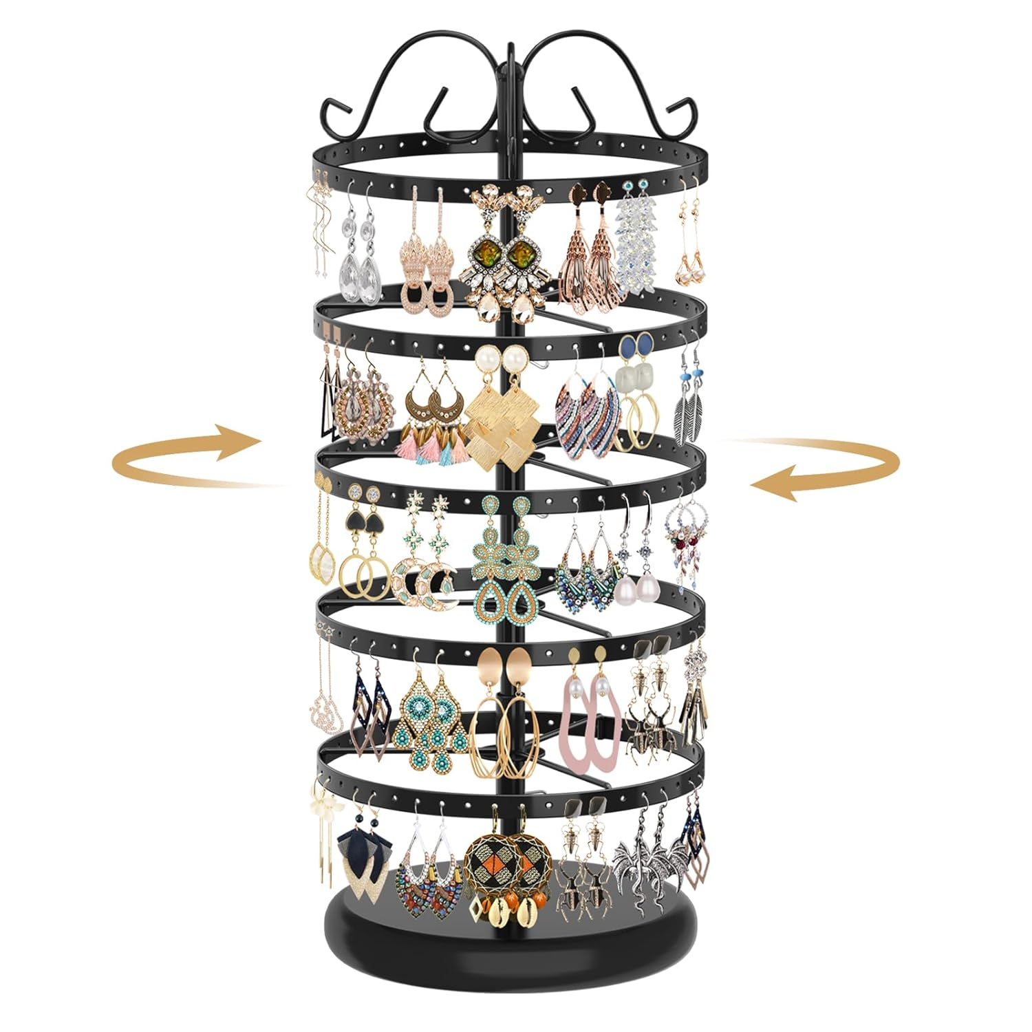 5-Layer Rotating Jewelry Organizer Stand - Effortless Storage & Display for Earrings  Studs & Pendants - Secure  Space-Saving Design in Chic Black/White