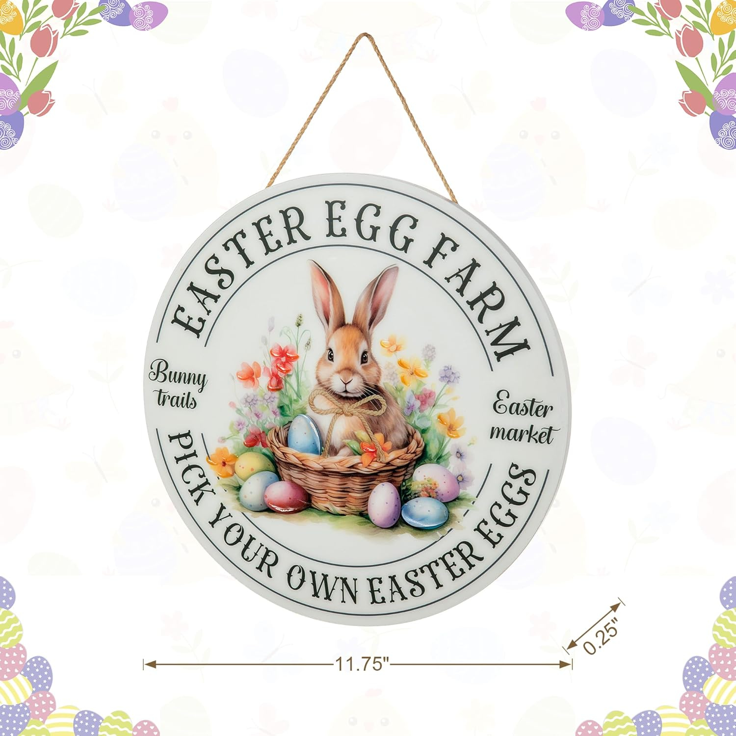 Glitzhome Easter Wooden Hanging Sign, 11.75"D Round Easter Bunny Eggs Sign Door Decoration, Rustic Easter Rabbit Wood Wreath Sign for Easter Spring Holiday Front Door Wall Farmhouse Porch Decor