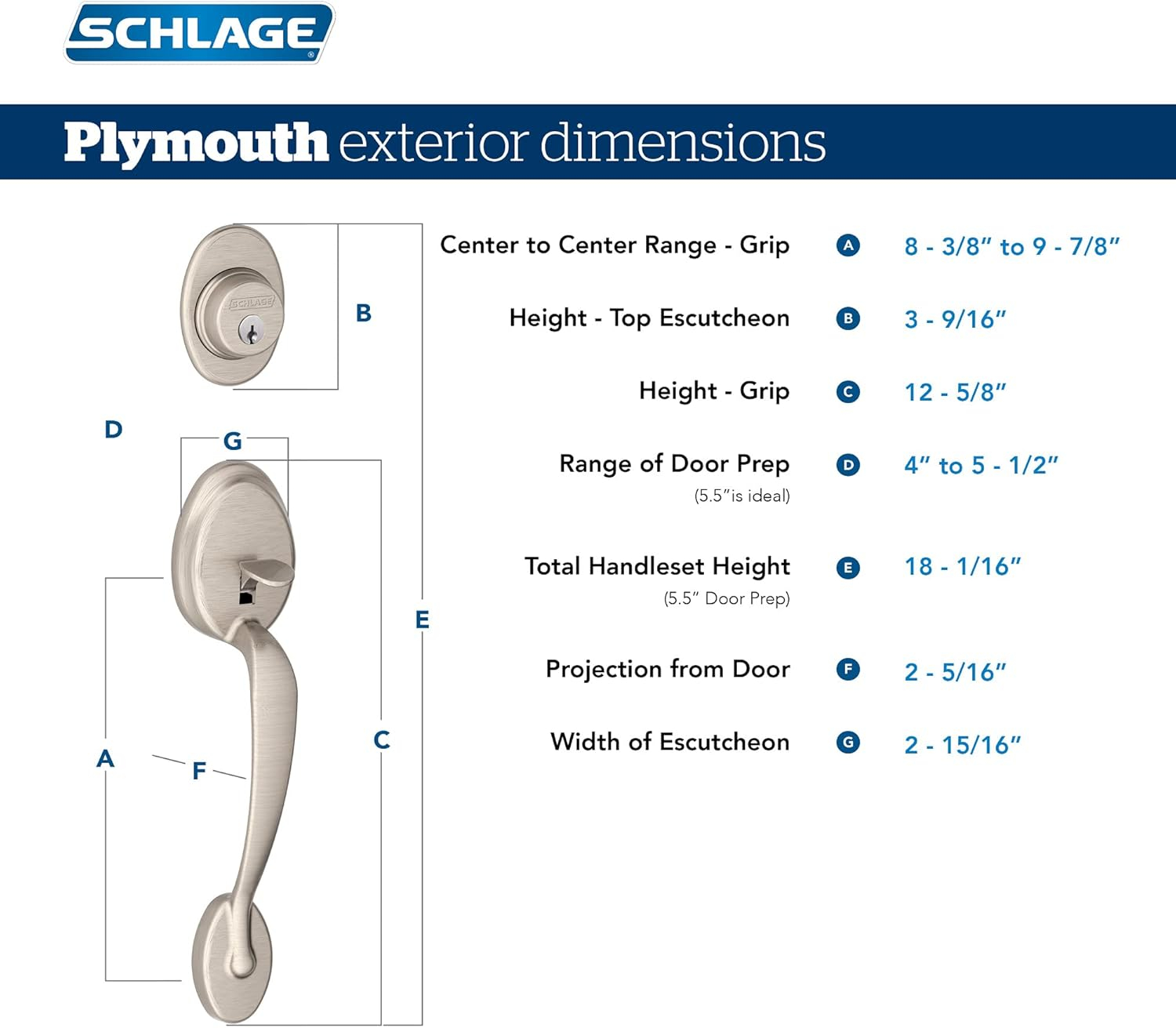 Schlage F60 V PLY 619 Plymouth Front Entry Handleset with Plymouth Knob, Deadbolt Keyed 1 Side, Satin Nickel