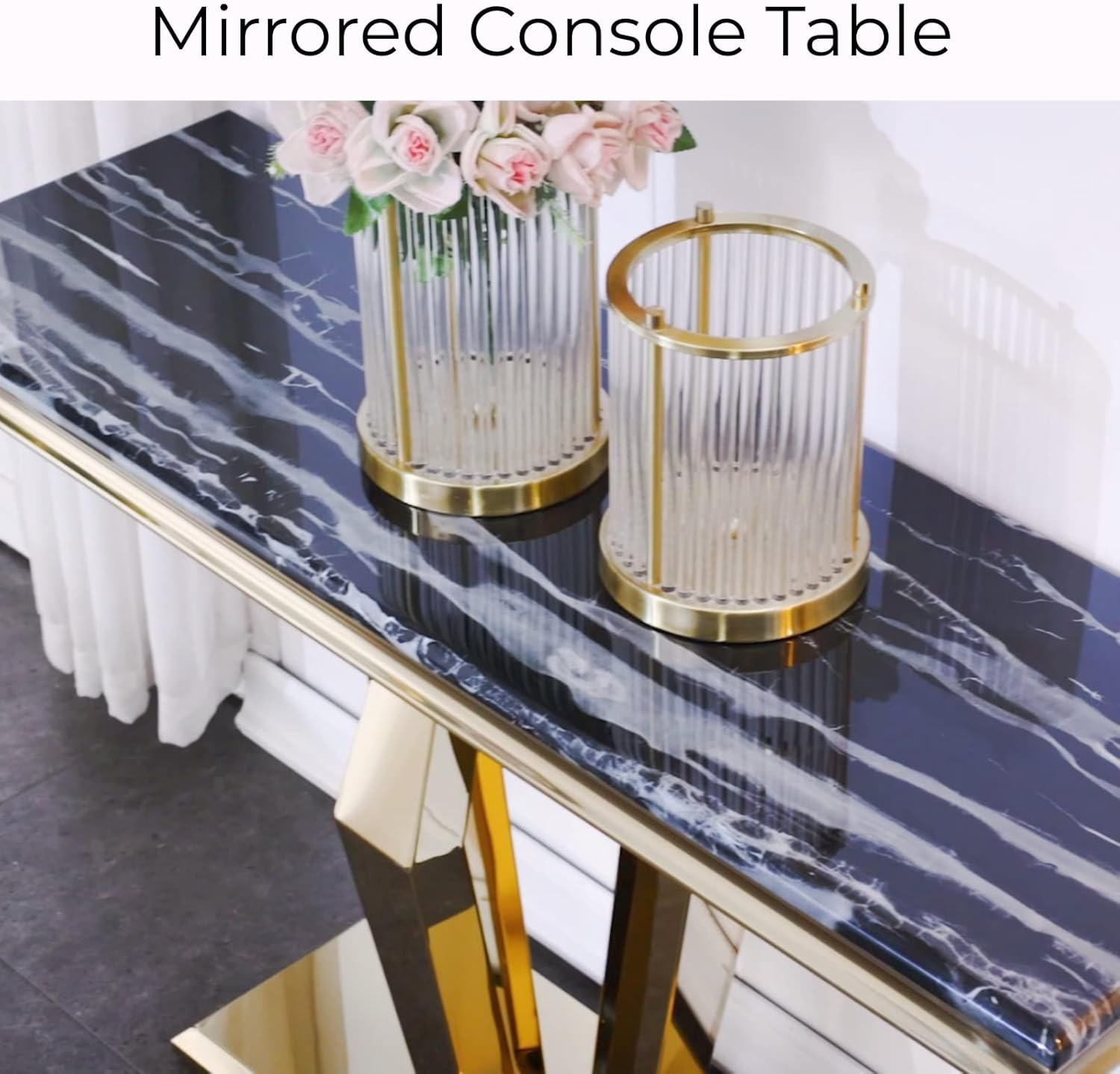 Unbranded Luxury Rectangular Sofa Console Table Modern Living Room Entryway Table with Mirrored Gold Geometric Base Gold