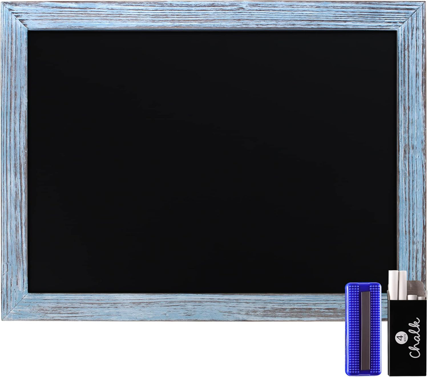 HBCY Creations Rustic Blue Magnetic Wall Chalkboard, 18" x 24", Framed Decorative Chalkboard with Eraser - For Kitchen, Weddings, Restaurant Menus and More!