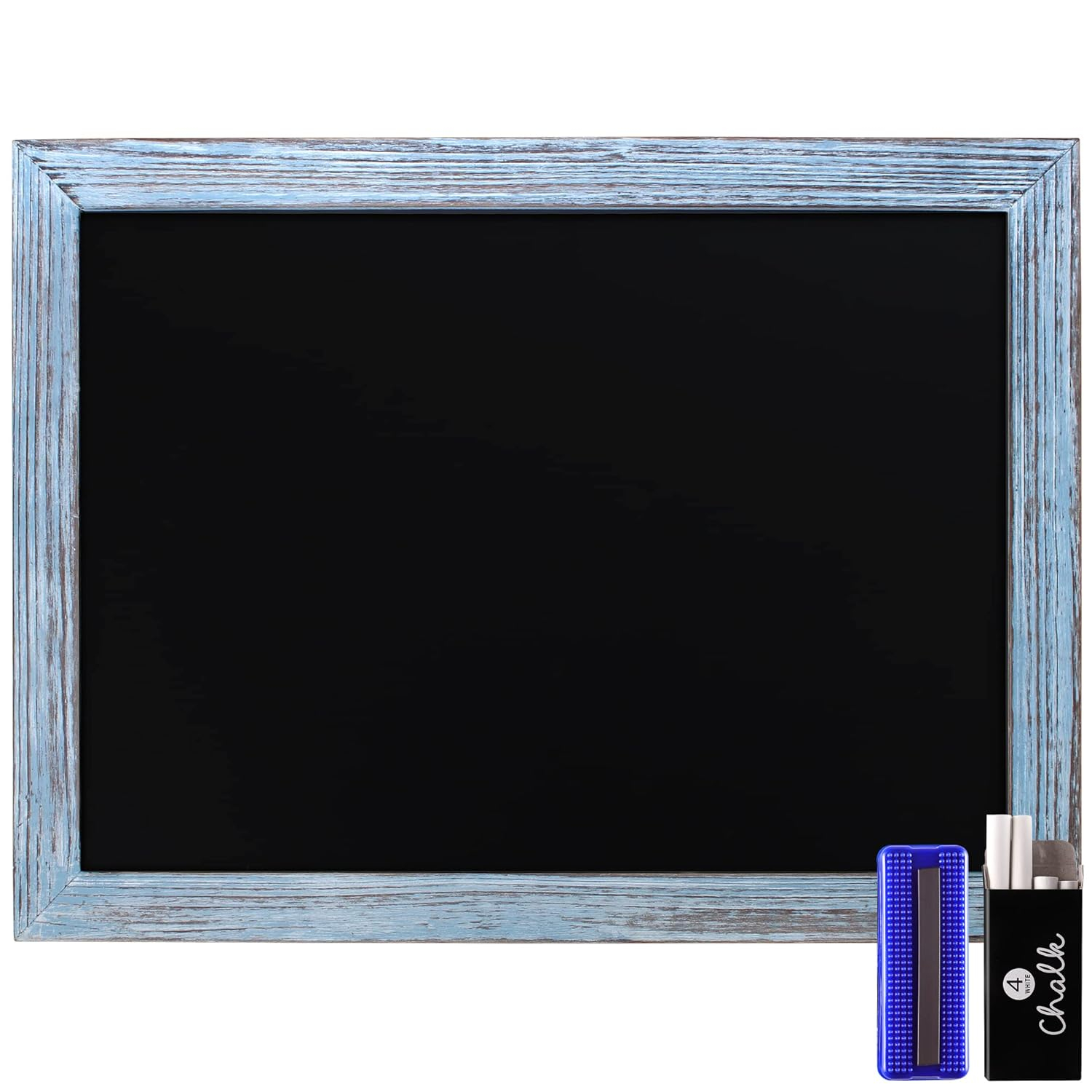 HBCY Creations Rustic Blue Magnetic Wall Chalkboard, 18" x 24", Framed Decorative Chalkboard with Eraser - For Kitchen, Weddings, Restaurant Menus and More!