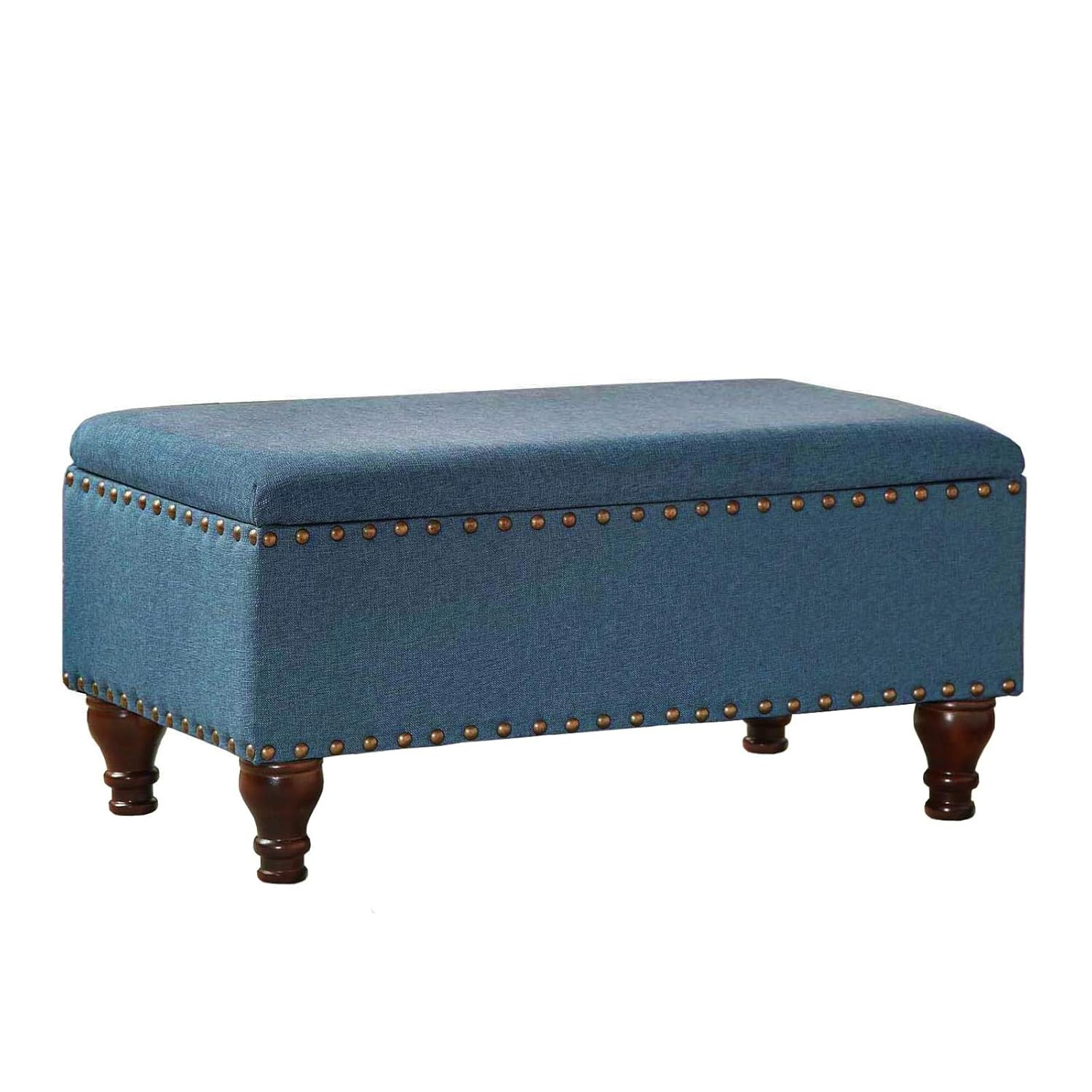 Benjara Fabric Upholstered Wooden Storage Bench with Nail Head Trim, Large, Blue and Brown