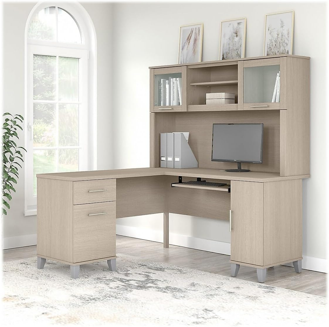 Bush Furniture Somerset 60" L Desk and Hutch with Storage, Sand Oak