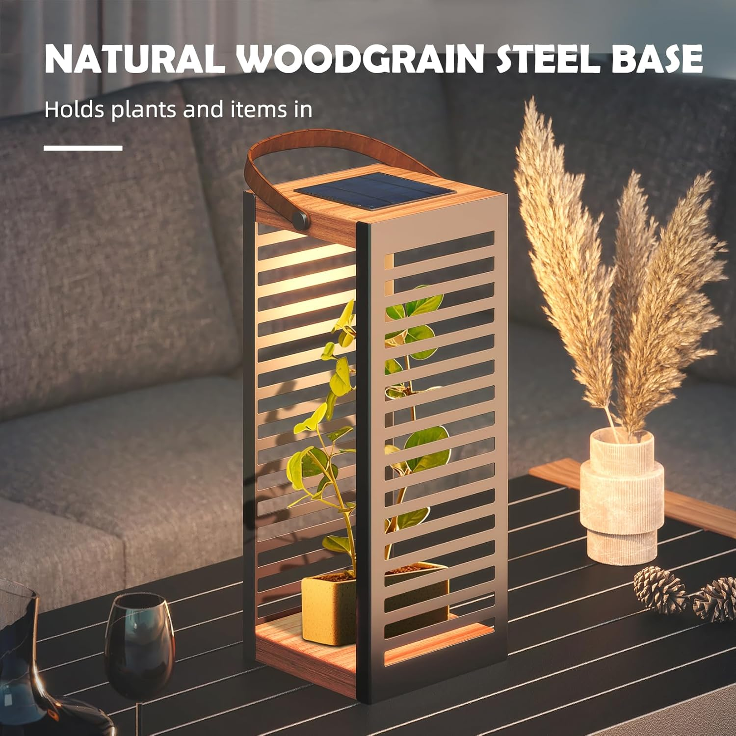 Large Solar Powered Gray Metal Outdoor Floor Lantern
