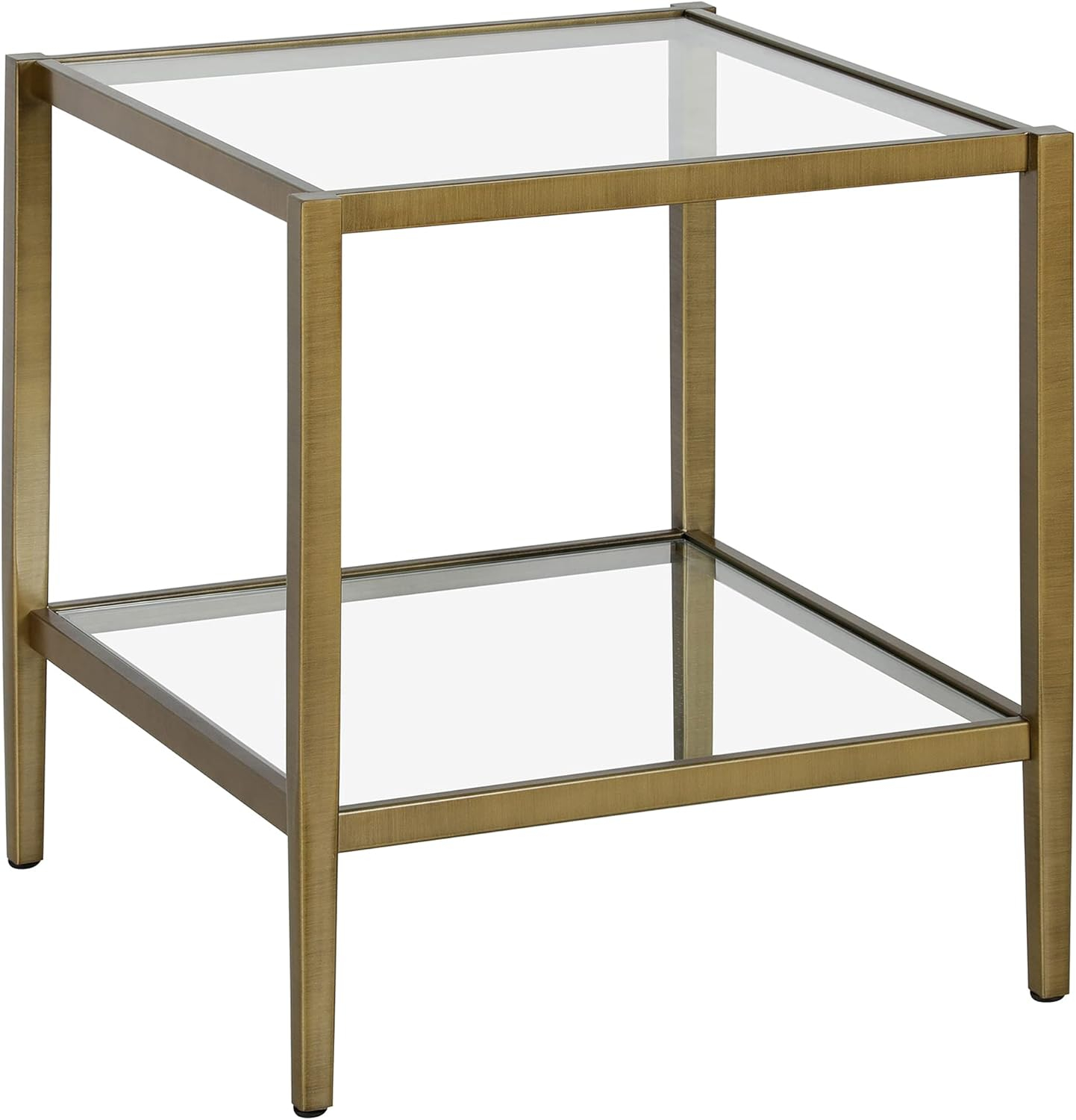 Evelyn&Zoe Hera 20" Wide Square Side Table with Glass Shelf, Antique Brass