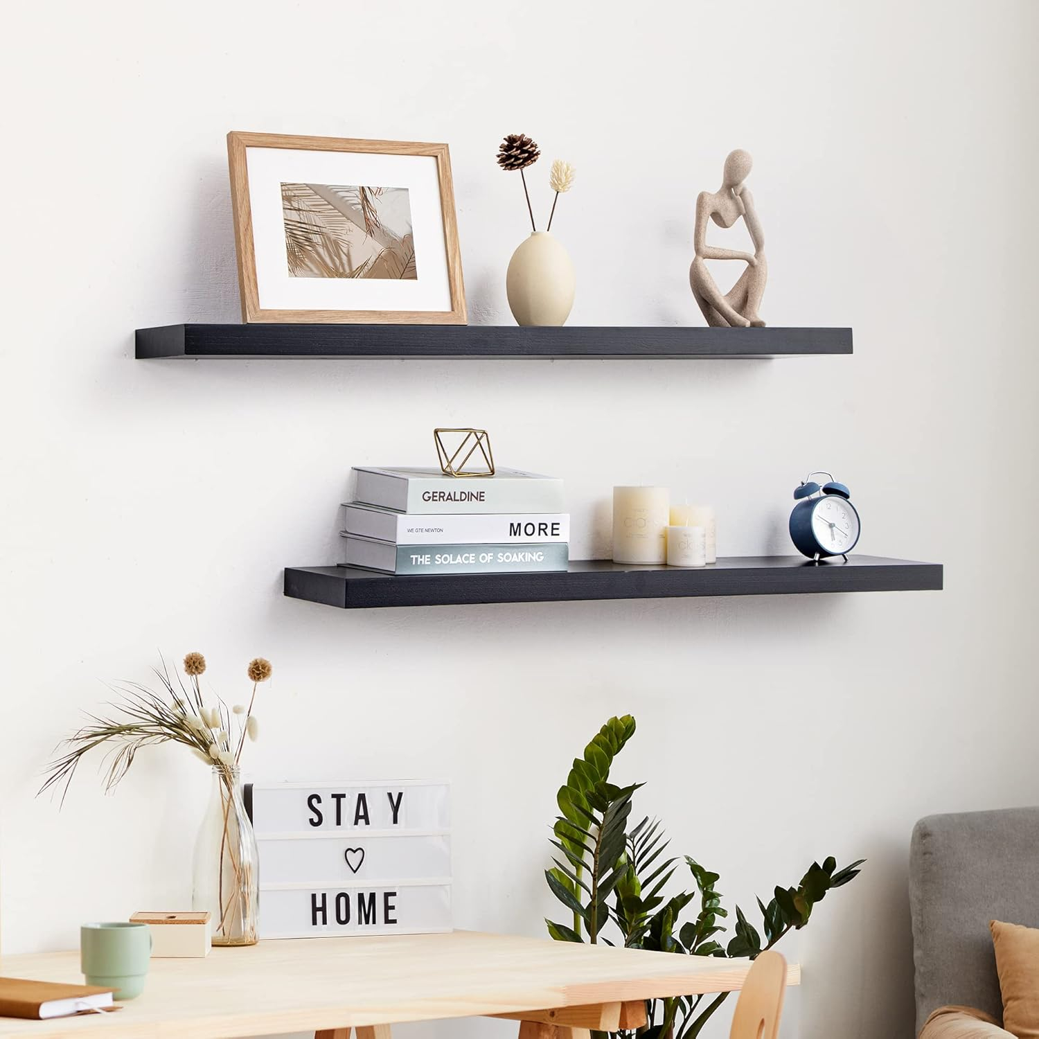 fuqing Black Floating Shelves for Wall - 36 Inch Lightweight Wood Wall Shelves Set of 2 - Floating Black Shelves for Storage Display Ledges for Bedroom Kitchen Living Room