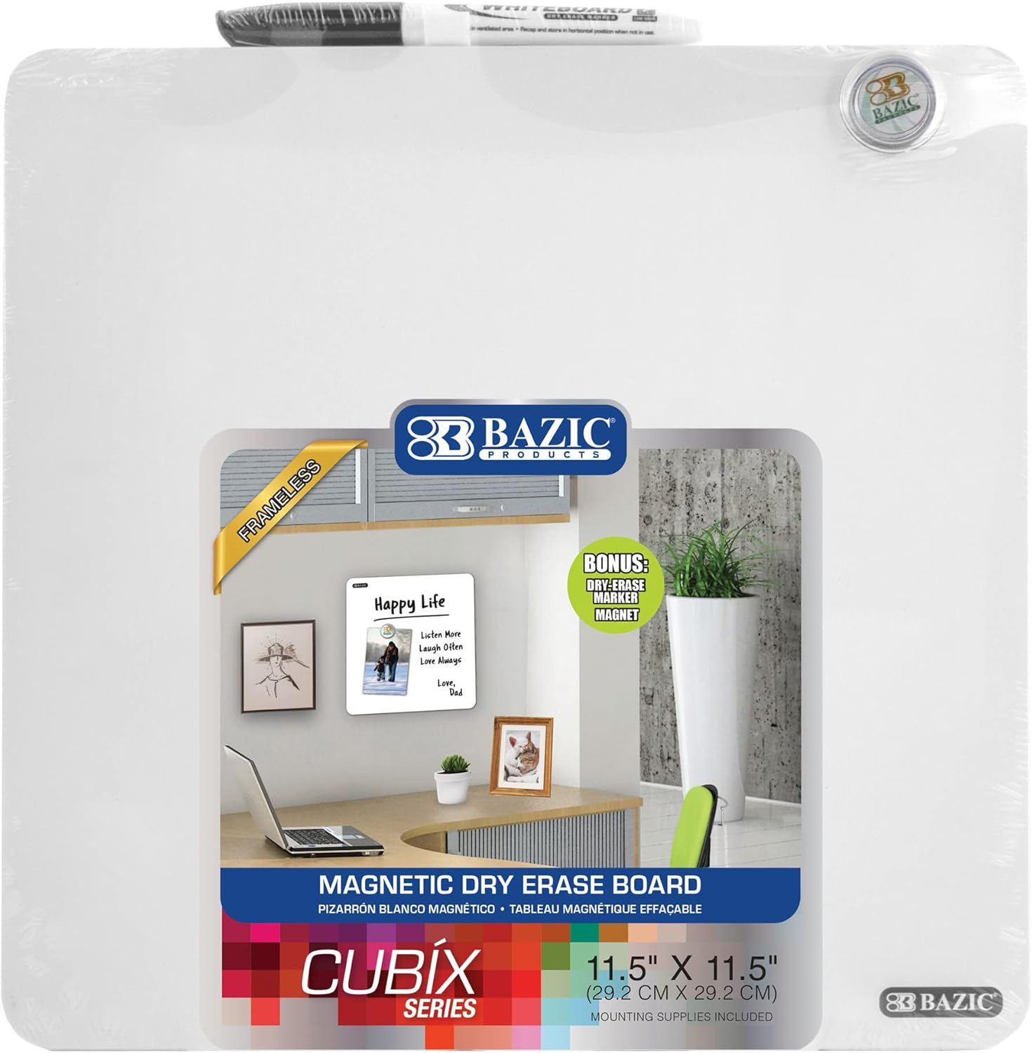 BAZIC Magnetic Dry Erase Board Tile 11.5"x11.5" Whiteboard, Markers and Magnets 1-Pack