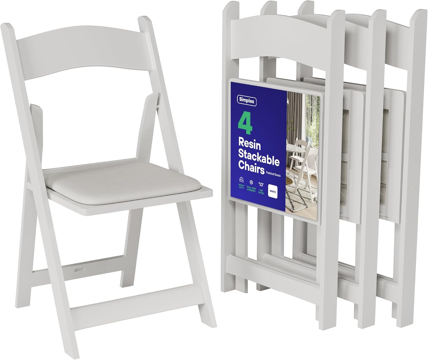 SIMPLEX 4 White Resin Folding Chairs - Comfortable White Foldable Chair - Stackable Chairs with Padded Seats - Indoor/Outdoor Folding Chairs for Events - Lightweight Foldable Chairs (4 Pack)