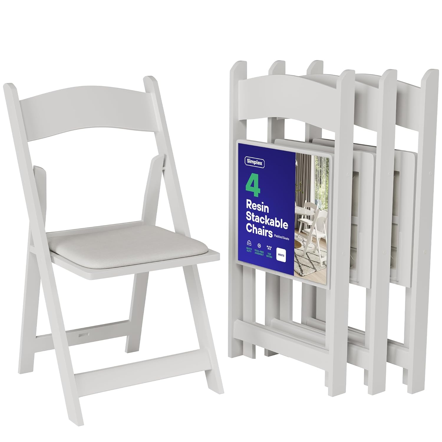 SIMPLEX 4 White Resin Folding Chairs - Comfortable White Foldable Chair - Stackable Chairs with Padded Seats - Indoor/Outdoor Folding Chairs for Events - Lightweight Foldable Chairs (4 Pack)