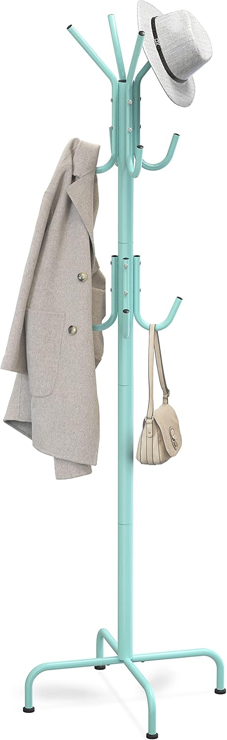 Simple Houseware Free Standing Coat and Hat Hanger Organizer Rack for Entryway, Bedroom, and Hallway, 12 Hooks, Turquoise