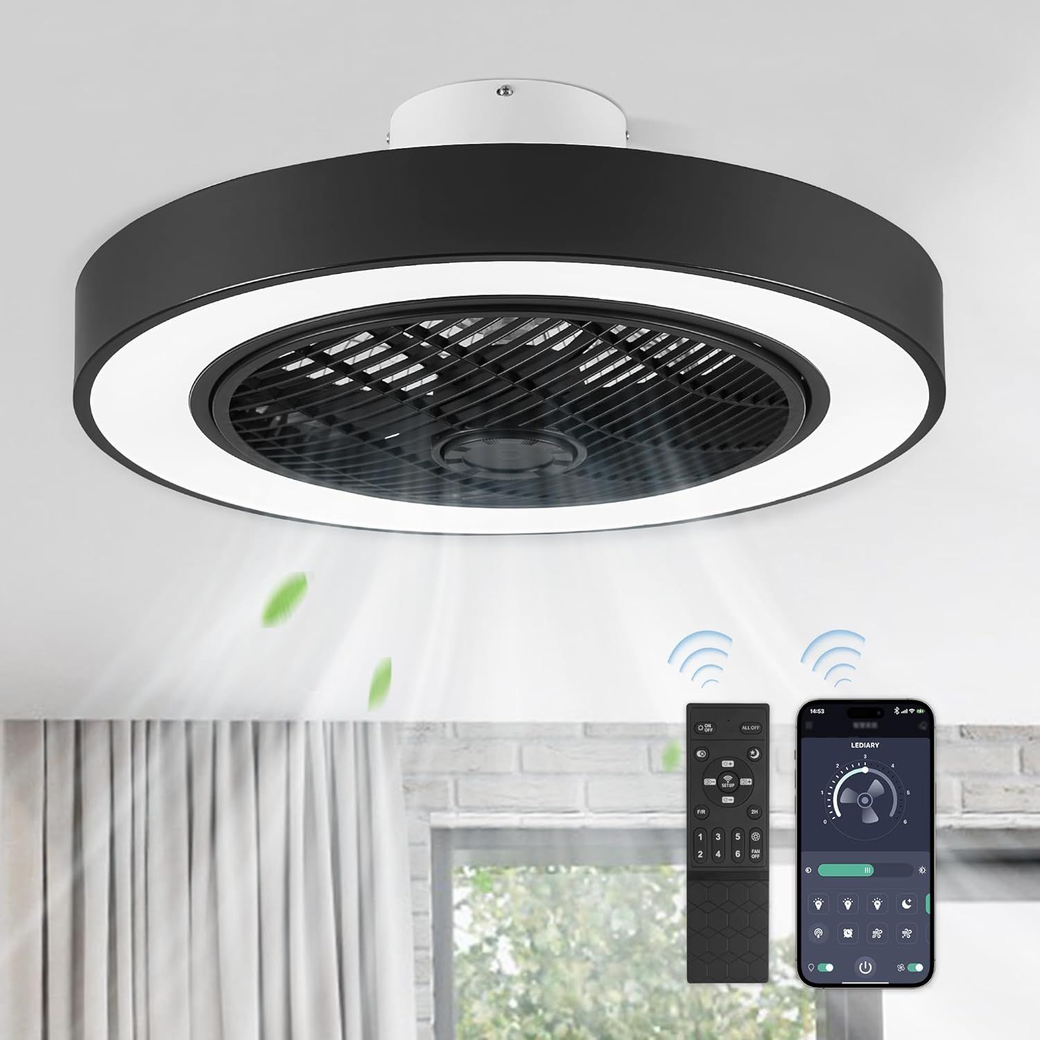 22 in. Indoor Black Modern Enclosed Low Profile Ceiling Fan with Light with Smart APP and Remote Control