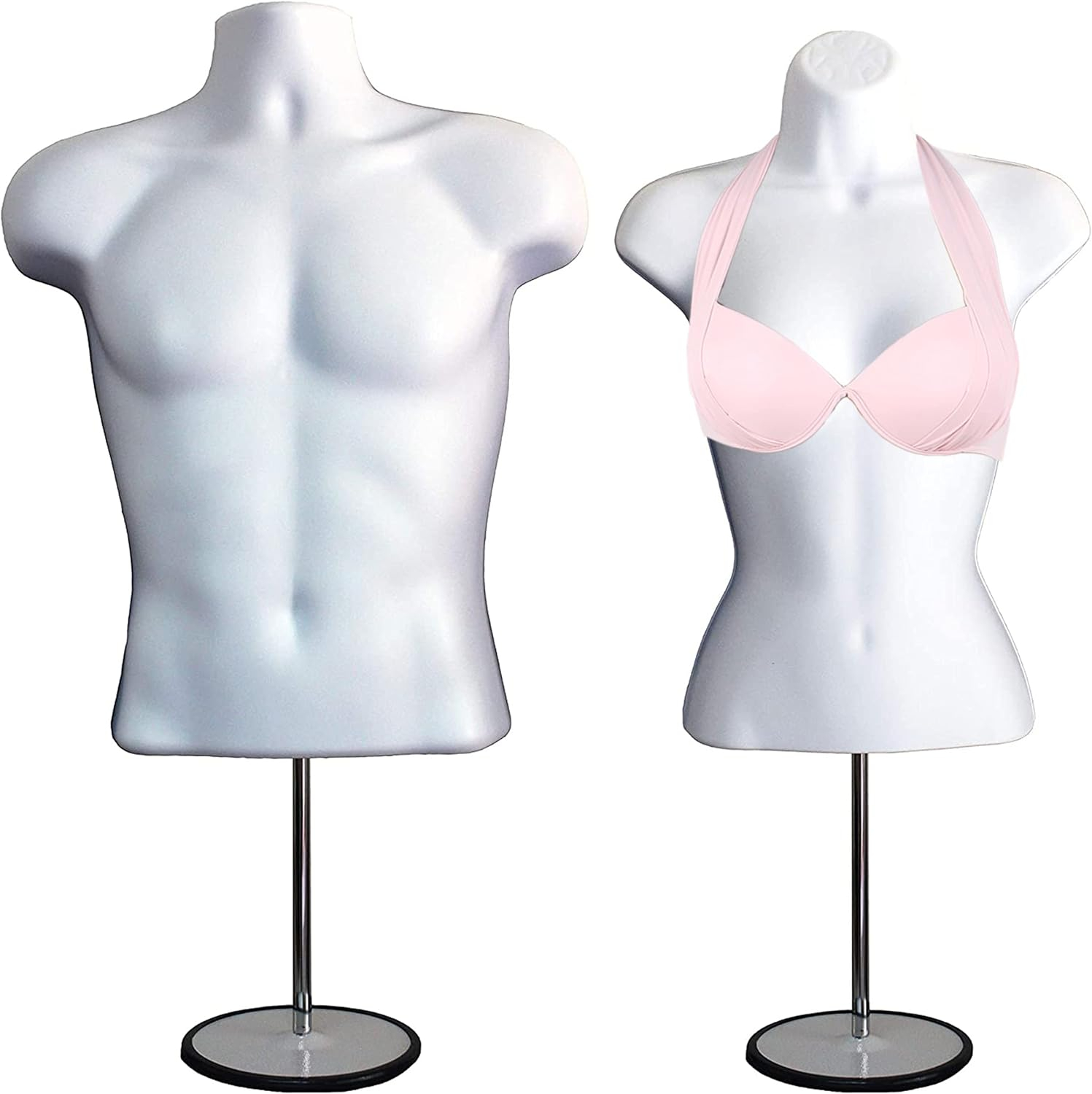 DisplayTown White Male + Female Mannequin Hollow Back Body Torso Set w/ Metal Stand and Metal Pole & Hanging Hook, S-M Sizes