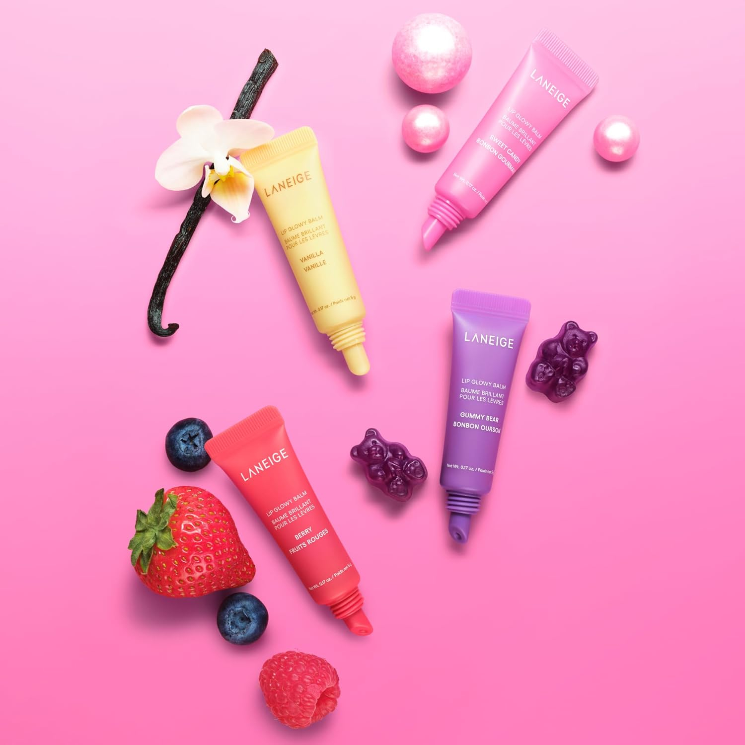 Mini Lip Glowy Balm Set with Berry, Gummy Bear, Sweet Candy, and Vanilla Flavors