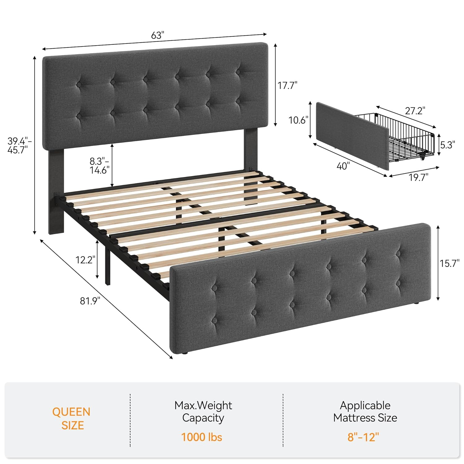 GAOMON Queen Size Bed Frame with 4 Storage Drawers and Headboard, Linen Upholstered Platform Bed Frame with Wooden Slats Support, Button Tufted Design, No Box Spring Needed, Dark Grey