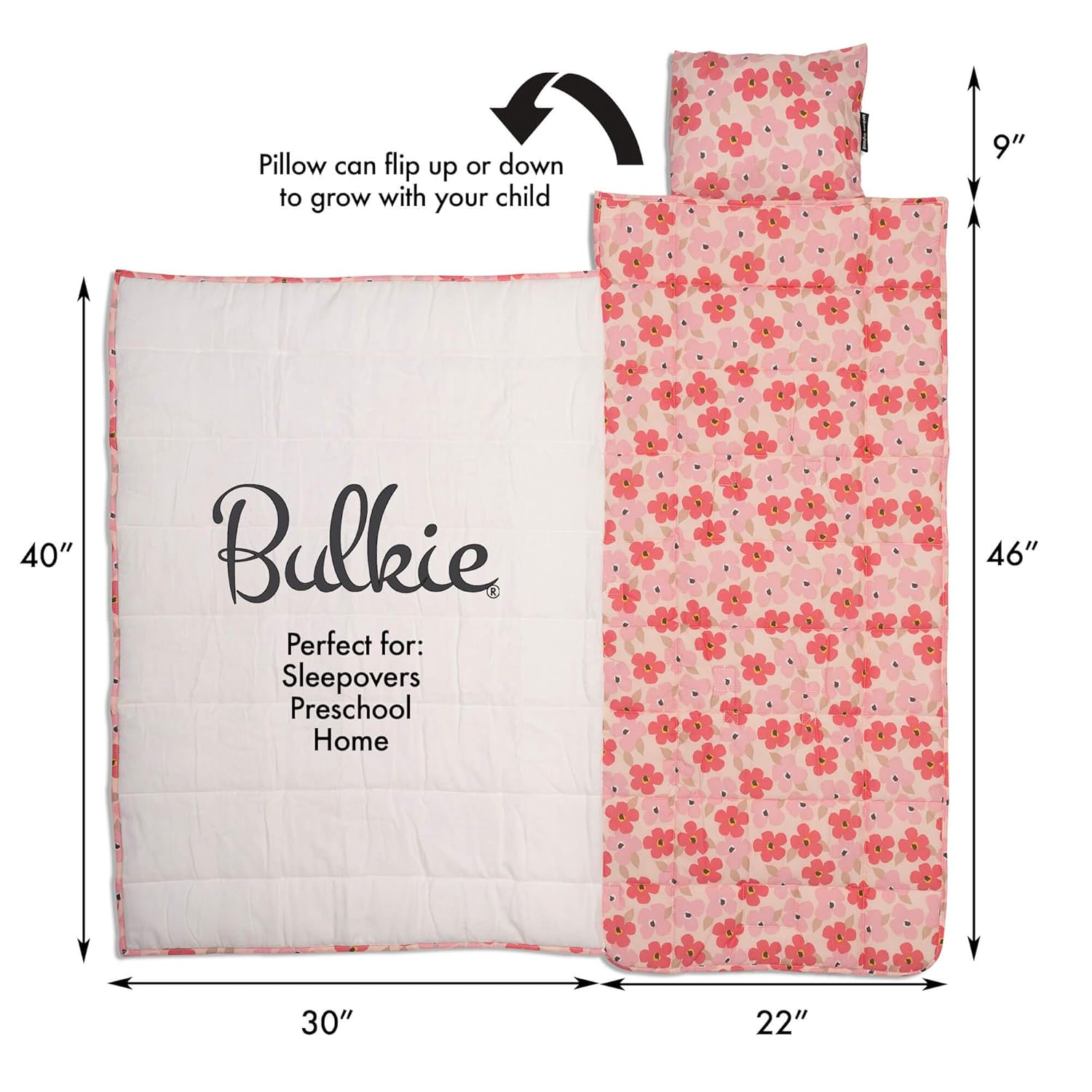Urban Infant Bulkie Kids Super Sleepover Nap Mat  Home Hangout - Toddler Preschool and Daycare - Washable Blanket and Pillow - Converts to Backpack for Travel - Poppies