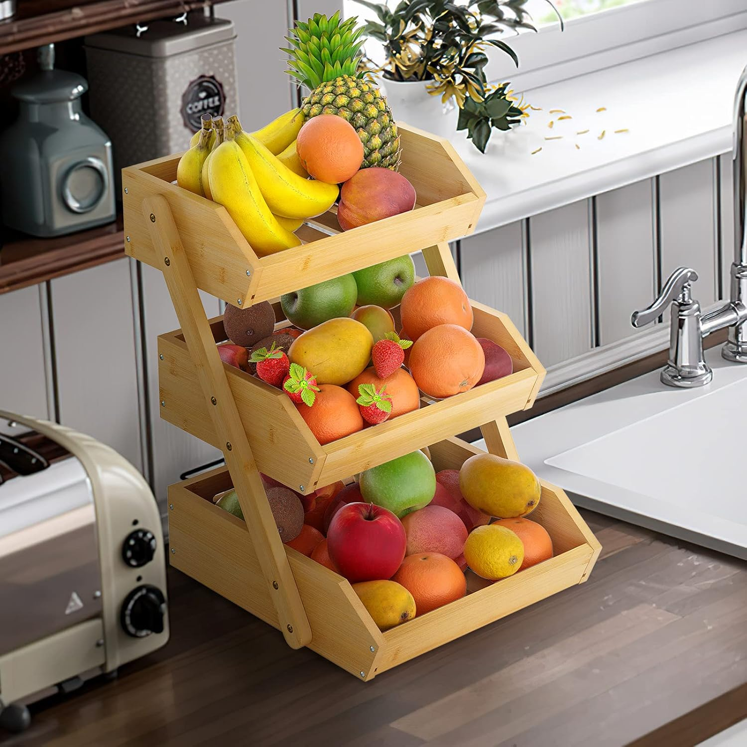 3 Tier Wooden Fruit Basket For Kitchen, Bread Vegetable Fruit Basket Bowl Stand, Farmhouse Fruit Bowl for Countertop, Large