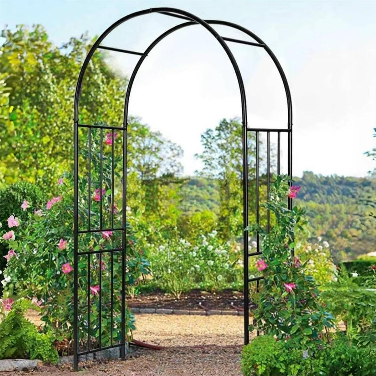 Gymax 7.2Ft Garden Arch Steel Arbor Wedding Garden Decoration Climbing Plants w/Stakes
