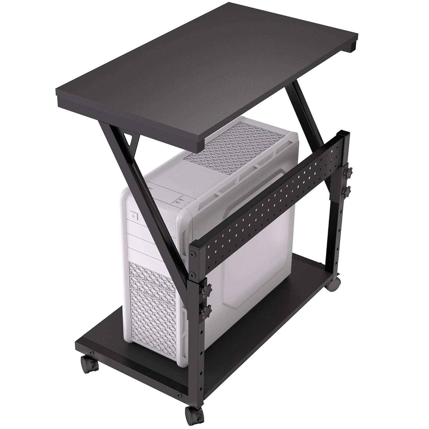 Computer Tower Cart - Height Adjustable PC Stand, 2-Tier ATX-Case CPU Holder Home Office Gaming Desk Accessories with Rolling Lockable Wheels, Laptop Table Standing Computer Desk, Rustic Black