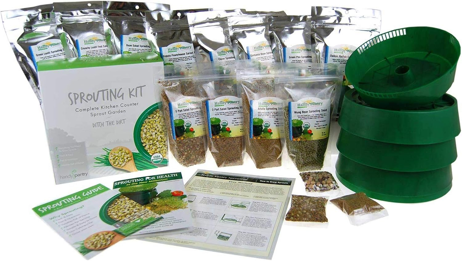 Deluxe Sprouting Starter Kit w/ 12 Lbs Organic Seed - Grow Sprouts: 3 Tray Sprout Garden, Seeds: Alfalfa, Radish, Clover, Mung Bean, Garbanzo Bean, Green Pea, Crunchy Lentil Fest & More