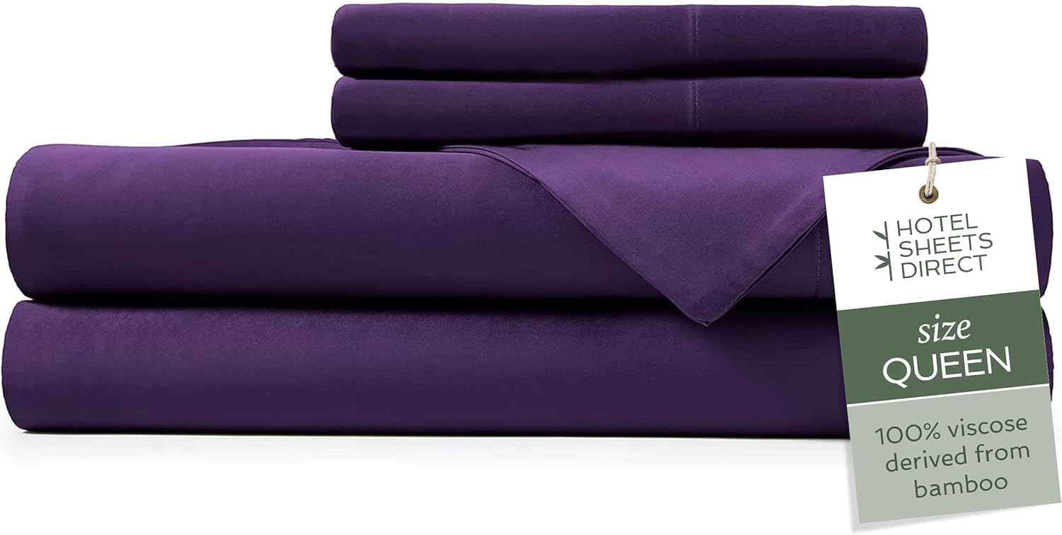 HotelSheetsDirect Bed Sheets Set - 1600 Thread Count, 4 Pieces (1 Flat, 1 Fitted Sheet, 2 Pillow Cases) - 100% Bamboo Sheet Sets, Queen - Purple