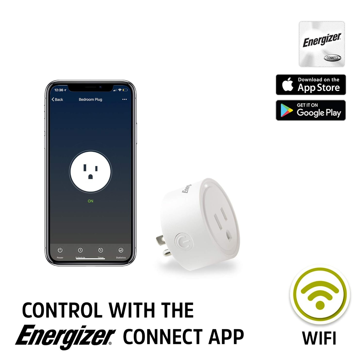 Energizer Smart Wi-Fi 15 Amp Wall Outlet Plug, Voice Control, Remote Access, Mobile App