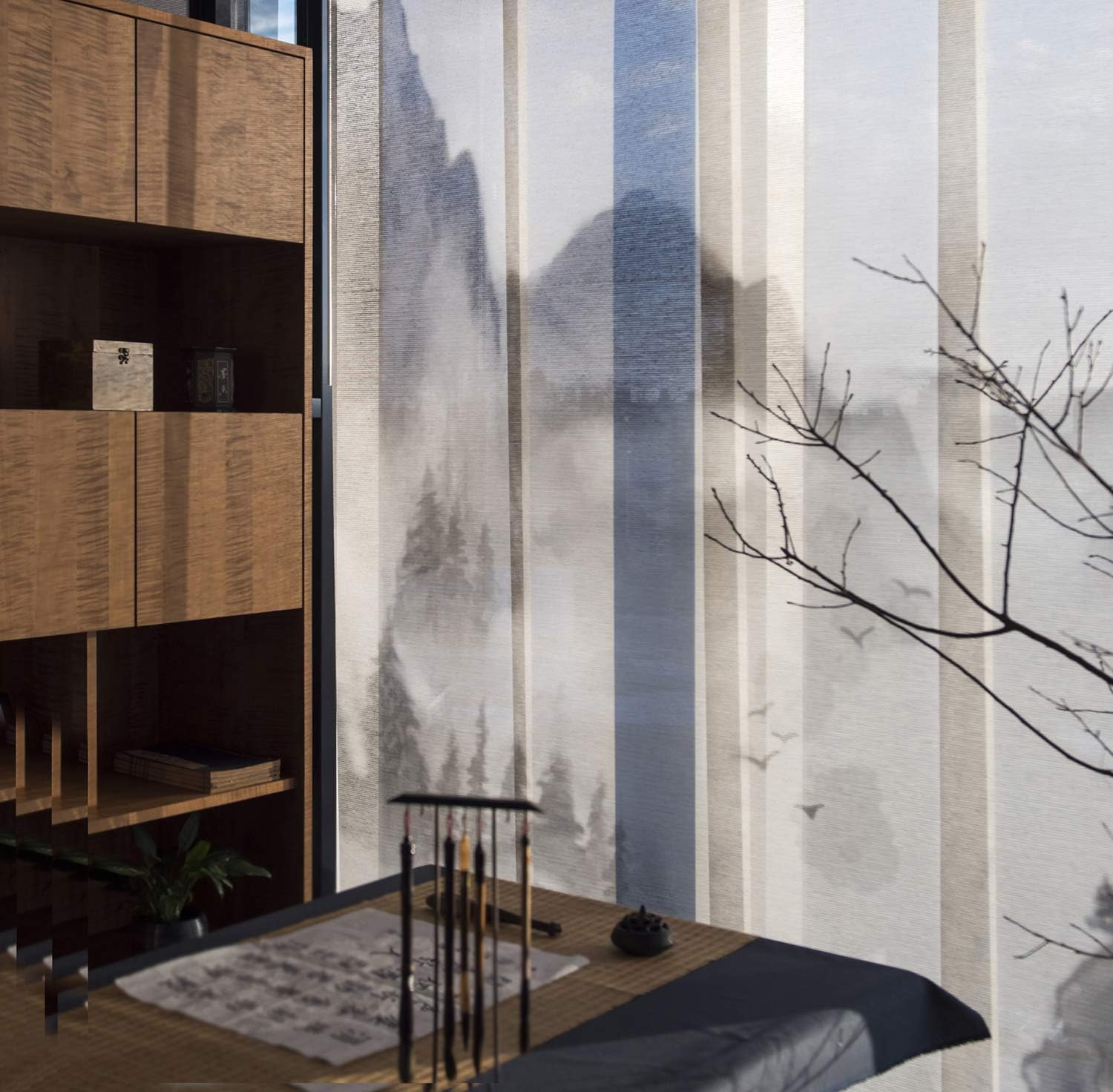 GoDear Design 4-Panel Single Rail 23-in Slat Width 86-in x 96-in Cordless Shangri-La Fabric Sheer Vertical blinds
