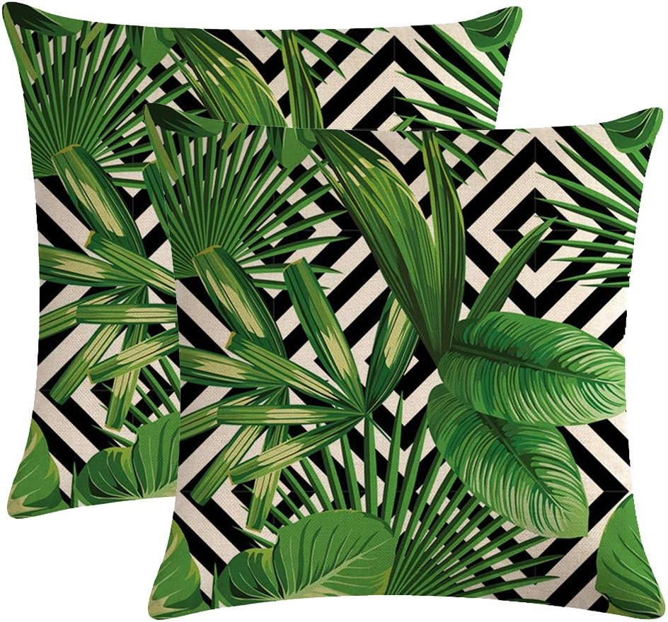 ULOVE LOVE YOURSELF 2Pack Tropical Green Leaves Throw Pillow Cover with Geometric Background Home Decorative Square Cushion Covers Cotton Linen Home Decor Palm Pillowcase 18 X 18 Inch(Palm Tree)