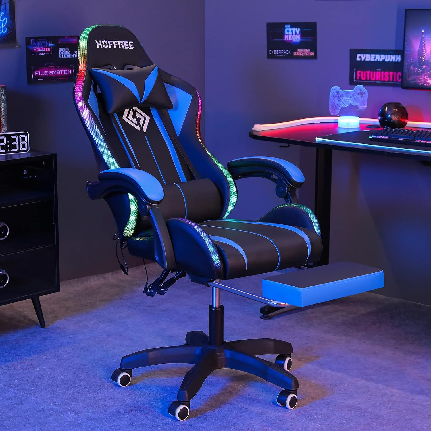 Gaming Chair with Bluetooth Speakers and RGB LED Lights Ergonomic Massage Video Game Chair with Footrest High Back with Lumbar Support Blue and Black