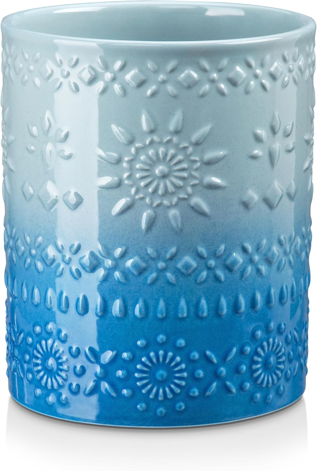 Large Light Blue Ceramic Embossed Utensil Holder Crock