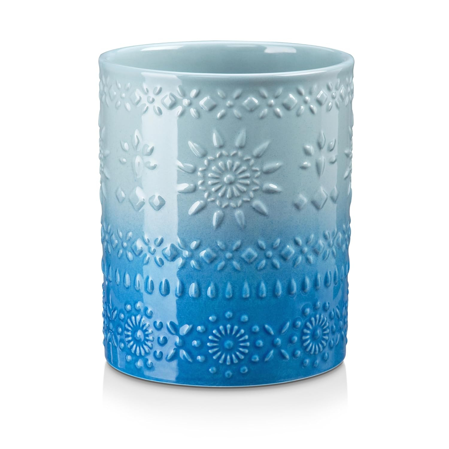 Large Light Blue Ceramic Embossed Utensil Holder Crock