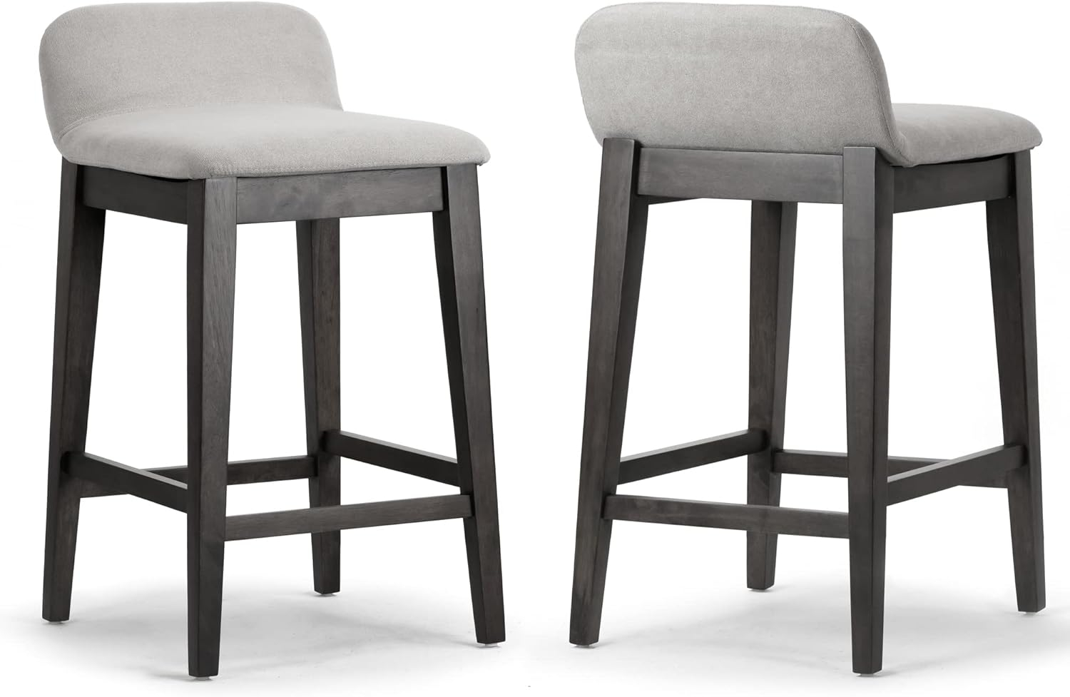 Set of 2 Dark Brown Wood Counter Stools with Beige Fabric Seats