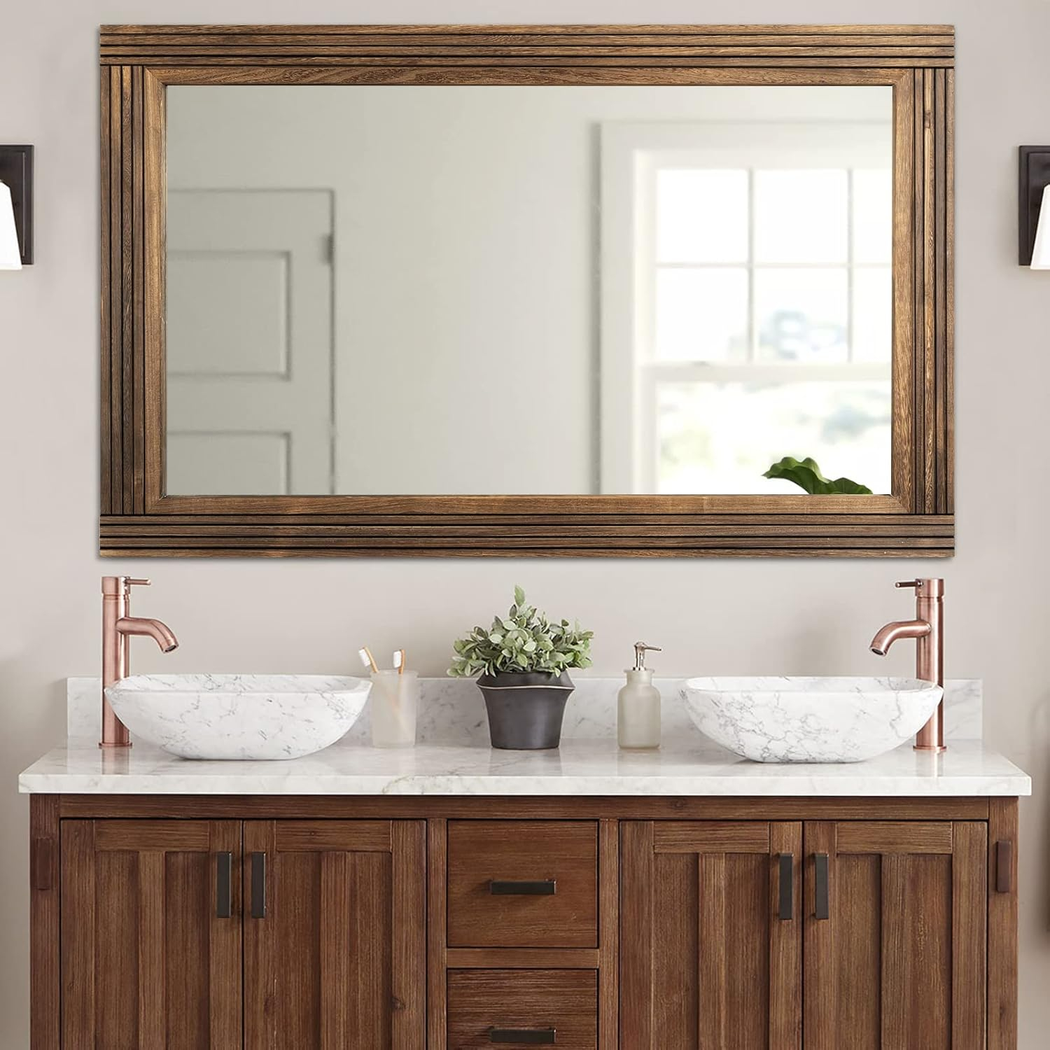 Rustic Natural Wood and Iron Rectangular Wall Mirror