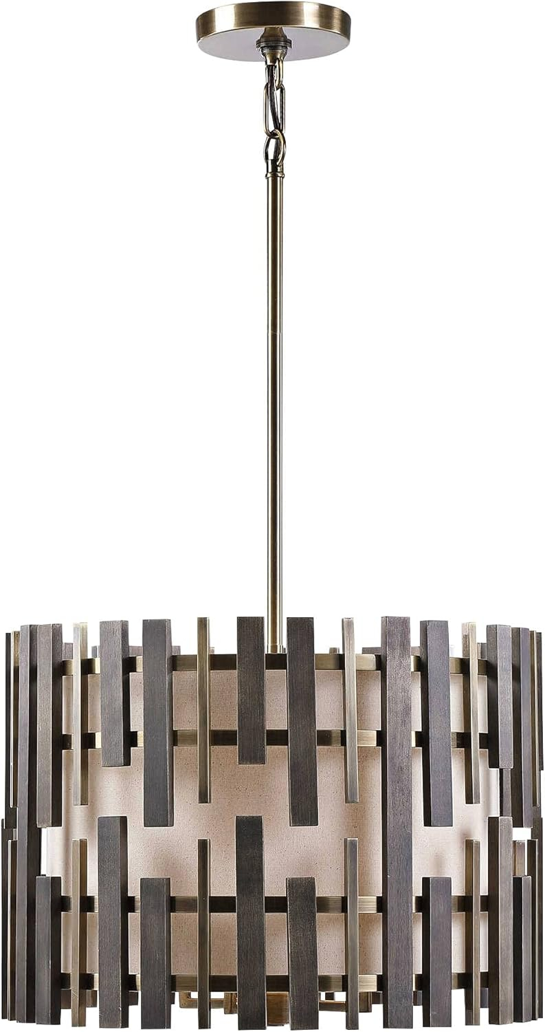 Kalizma Antique Brass 4-Light Drum Pendant with Cream Linen Shade