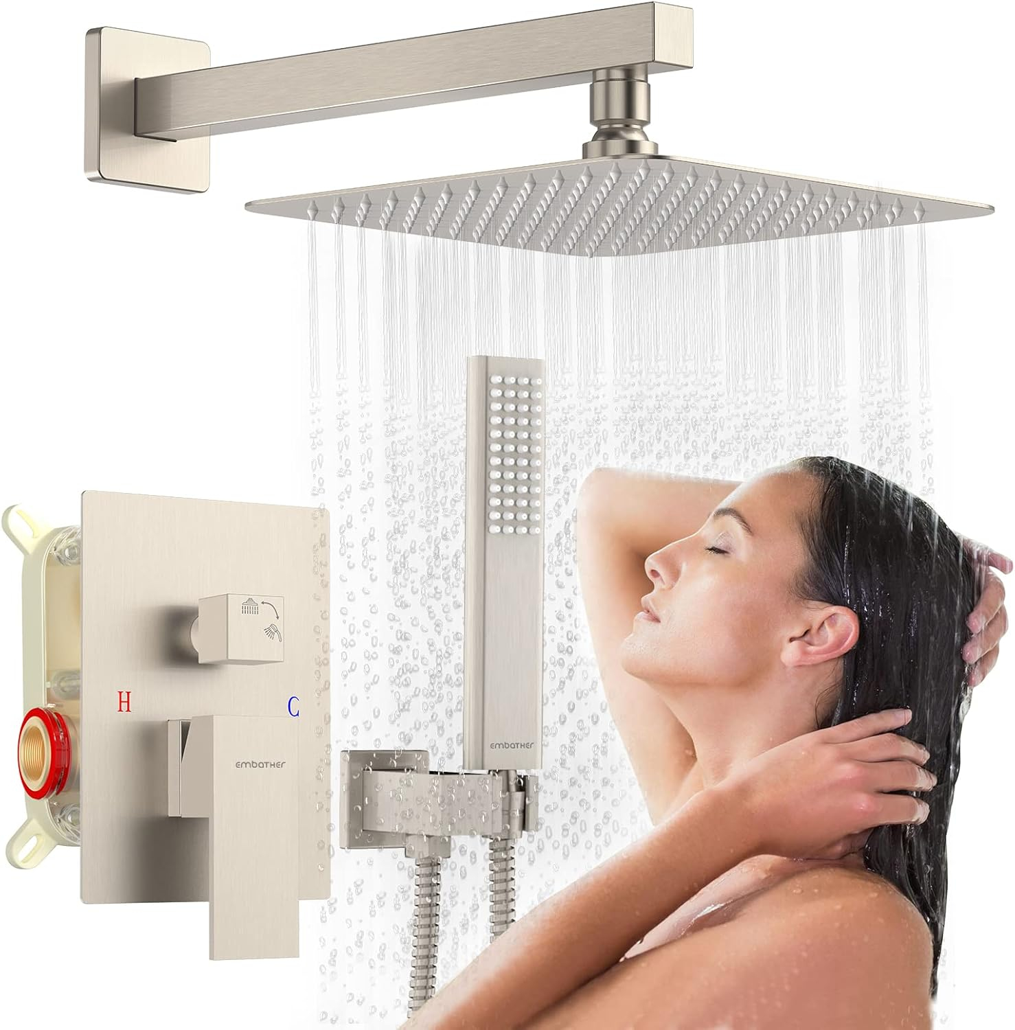 EMBATHER Black Shower System 12 Inches Shower Faucet Set with Square Rain Shower Head and Handheld For Bathroom, Matte Black Shower Combo Set Wall Mounted (Rough-in Valve & Trim Included)