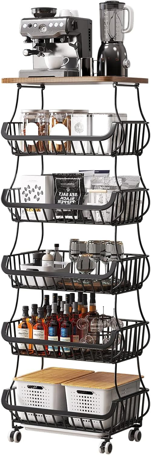 Wisdom Star 6 Tier Fruit Vegetable Basket for Kitchen with Wooden Tabletop, Storage Cart Vegetable Basket Bins for Onions and Potatoes, Wire Storage Basket Organizer Utility Cart with Wheels, Black