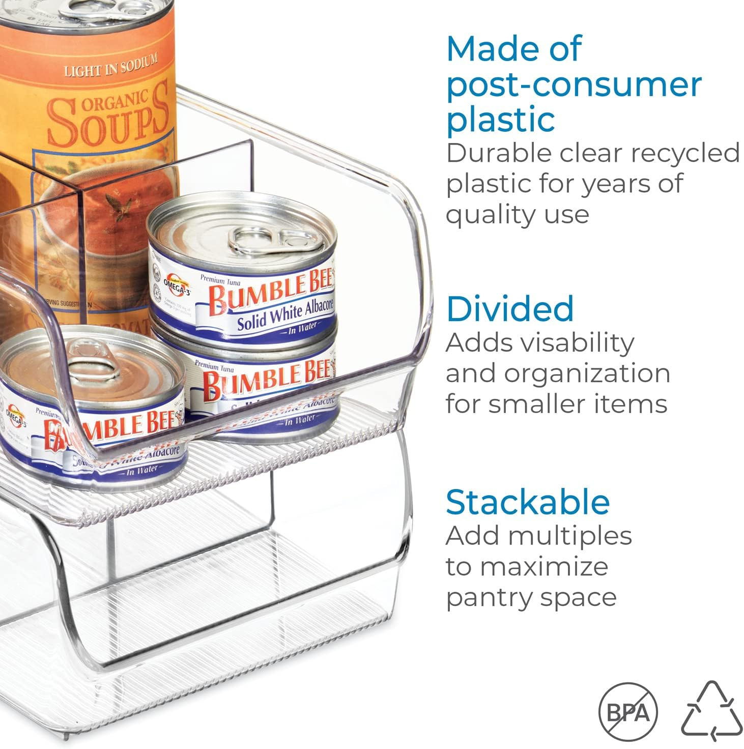 iDesign Linus Plastic Fridge and Freezer Divided Storage Organizer Bin, Container for Food, Drinks, Snacks, Produce Organization, 11" x 7" x 3.5", Clear