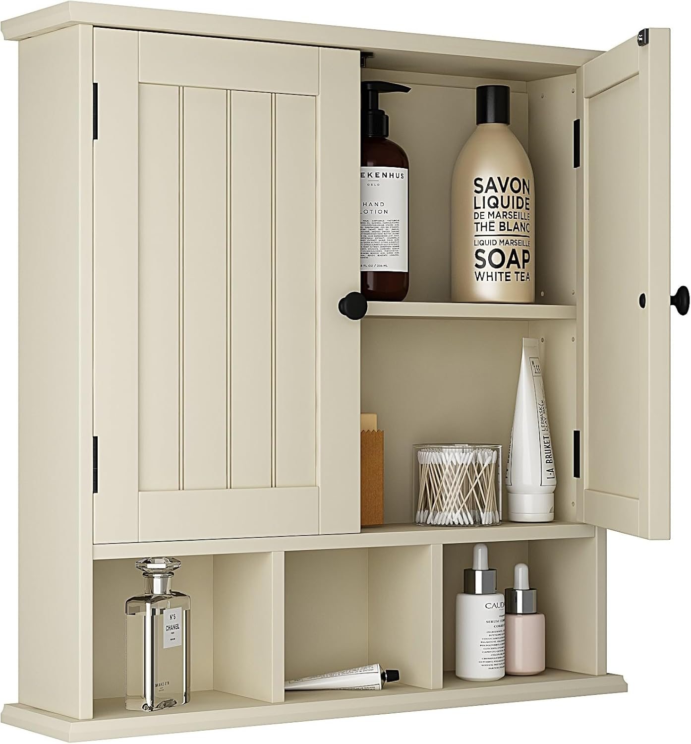 ChooChoo Bathroom Cabinet Wall Mounted 2-Door with 3 Open Shelves， Wooden Medicine Cabinets with Adjustable Shelf，Space Saver Storage Cabinets Over The Toilet for Bathroom&Living Room,Yellow