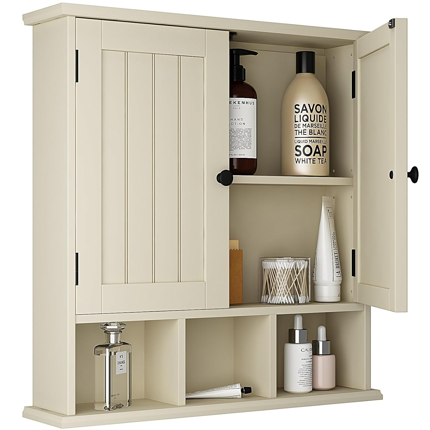 ChooChoo Bathroom Cabinet Wall Mounted 2-Door with 3 Open Shelves， Wooden Medicine Cabinets with Adjustable Shelf，Space Saver Storage Cabinets Over The Toilet for Bathroom&Living Room,Yellow