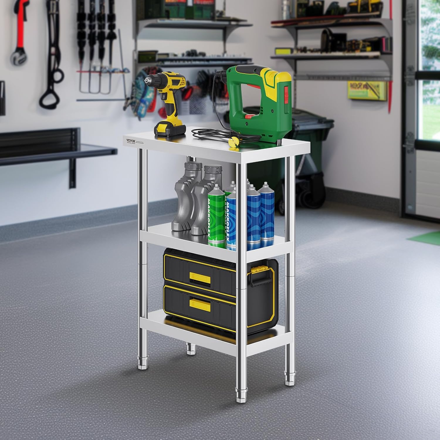 VEVOR Stainless Steel Food Prep Table, 14 x 24 x 34 Inch Commercial Food Prep Worktable Heavy Duty Prep Worktable, Metal Work Table with Adjustable Height for BBQ, Kitchen, Home, and Garage