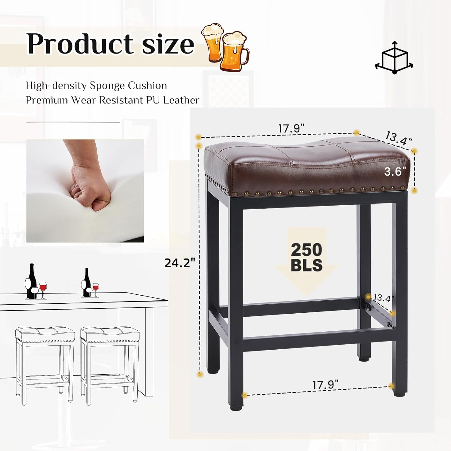 Bar Stools Set of 2, 24 inch Counter Height Bar Stools, Upholstered Modern Kitchen Barstools with Metal Base, PU Leather Saddle Stools for Kitchen Island, Black